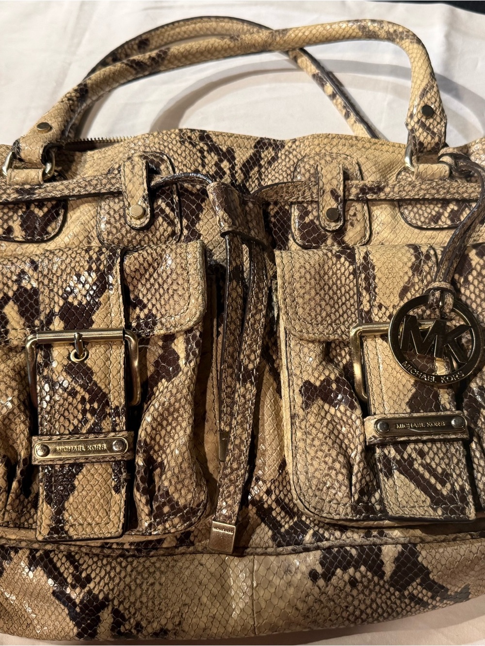 Michael Kors Tan and Brown Snake-Print Satchel
